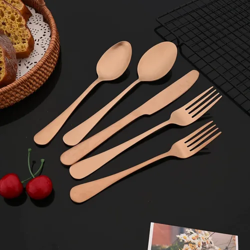 Miniatura 3 de JASHII Juego de cubiertos de acabado satinado, 20 piezas, servicio para 4, juego de cubiertos de titanio, juego de utensilios de cobre mate, incluye