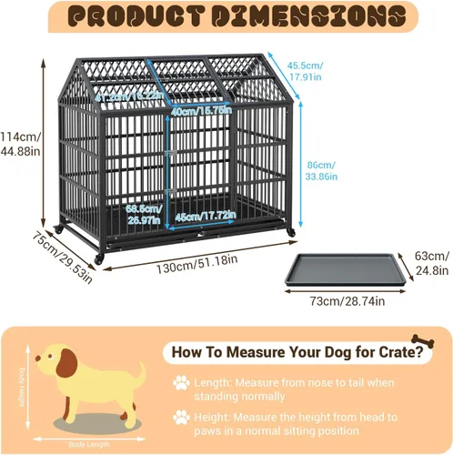 Miniatura 2 de 52-Inch Escape-Proof Dog Crate, Indestructible Steel Dog Kennel with Locking Wheels, Anxiety Relief Pet Cage for Medium/Large Dogs, Indoor/Outdoor