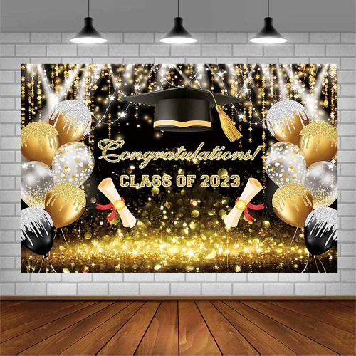 Miniatura 3 de AIBIIN Fondo de globo Bokeh con purpurina de 7 x 5 pies para la clase de 2023, color negro y dorado con purpurina Bokeh, felicitaciones por fiesta