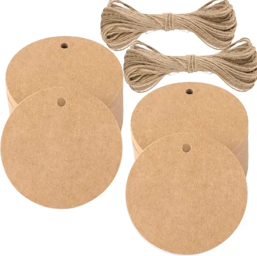 G2PLUS 100 etiquetas de regalo de papel kraft con cuerda, etiquetas de papel redondas de 2.2 pulgadas, etiquetas colgantes en blanco, etiquetas
