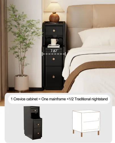 Miniatura 5 de Mesita de noche estrecha con 3 cajones, mesita de noche estrecha de madera maciza, color negro, moderna mesita de noche delgada para dormitorio