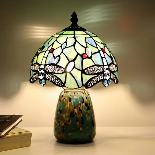 Miniatura 7 de Lámpara de mesa de hongo Tiffany estilo libélula lámpara de acento de vidrio teñido azul marino base de vidrio marrón azul 8X8X12 pulgadas