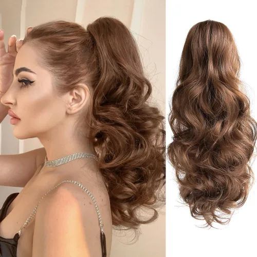 Miniatura 9 de Extensión de cola de caballo ondulada y rizada de 20 pulgadas de largo, peluca sintética de cola de caballo falsa con clip, extensiones de cabello