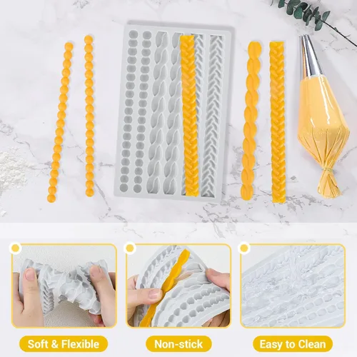 Miniatura 3 de Beasea Molde de Cuerda de Silicona, 1 Hoja Molde de Borde de Cadena de Encaje de Corteza de Pastel de Fondant de Silicona para Decoración