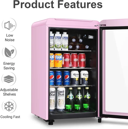 Miniatura 4 de HAILANG Refrigerador Enfriador de Bebidas Retro, Mini Refrigerador de 3.2 Pies Cúbicos con Puerta de Vidrio para Soda, Cerveza, Vino, Enfriador