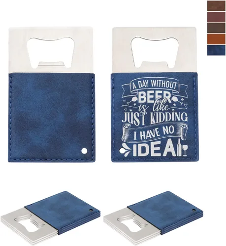 PYD Life Paquete de 8 abridores de botellas de tarjetas de crédito de acero inoxidable con mango de cuero azul en blanco de 2.2 x 3.3 pulgadas para