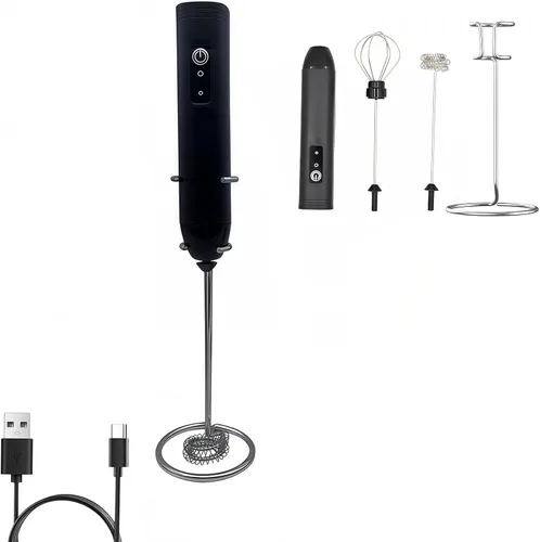 Digead Mini espumador de leche de mano con soporte, batidor eléctrico recargable con 3 velocidades y 2 batidores, espumador de café portátil USB