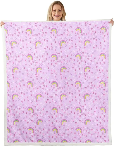 Miniatura 12 de Erosebridal Girls Fleece Blanket 40x50 Heart Rainbow Fuzzy Plush Throw for Sofa Couch Hand Drawn Sherpa Blanket Cartoon Love Geometric