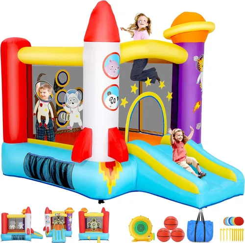 Whubefy Casa inflable con tobogán para niños, diversión familiar en interiores y exteriores con área de salto, juego de pelota de lanzamiento,