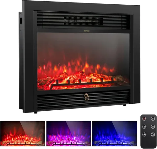 GLACER Inserto de chimenea eléctrica de 28.5 pulgadas, empotrado e independiente con temporizador de color de llama ajustable, calentador interior