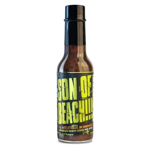Chile Lengua de Fuego ¡Son of Beach! Salsa picante – 1 botella – Carolina Reaper, ajo ahumado y Scotch Bonnet – calor extremo, lote pequeño, salsa