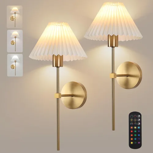 Miniatura 9 de Juego de 2 apliques de pared inalámbricos, pantallas plisadas recargables que funcionan con batería, luces de pared retro industriales doradas