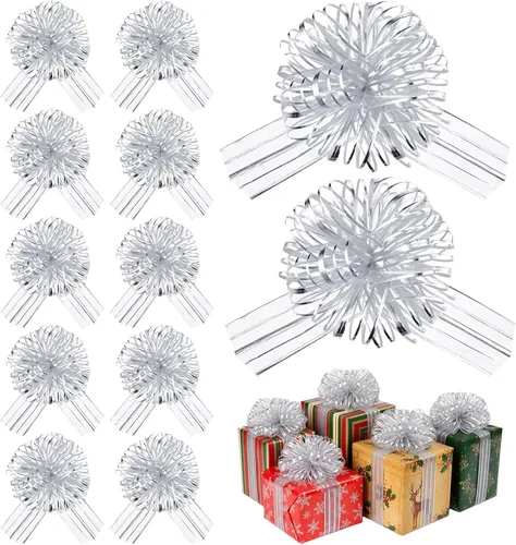 Miniatura 9 de Poen 12 Lazos Grandes de Navidad para Envolver Regalos de 6" Lazos de Tirar Multicolores de Cinta Navideña para Regalos, Cestas de Boda, Cajas