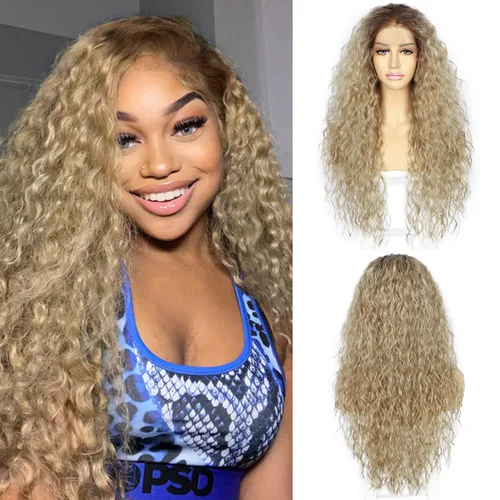 SAPPHIREWIGS Peluca Rizada Suelta Peluca de Encaje Frontal Color Rubio Ceniza Ombré Peluca Sintética Húmeda y Ondulada Línea de Cabello Prearrancada