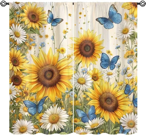 Miniatura 11 de Sunflower Curtains for Living Room Bedroom, Spring Nature Blue Sky and Butterfly Window Drapes, Rustic Wooden Fence Floral Botanical Decor, 2 Panels