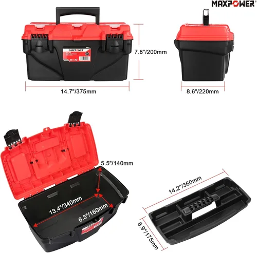 Miniatura 2 de MAXPOWER Caja de herramientas de plástico de 15 pulgadas, con bandeja extraíble y doble bloqueo seguro para el hogar