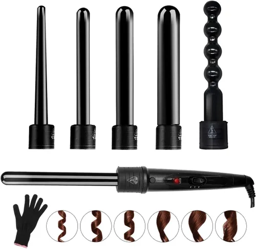 Juego de varita de rizador 6 en 1 con 6 barriles de cerámica intercambiables y guante protector térmico (negro, 6 en 1) (negro-6)