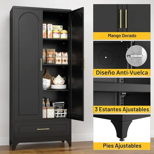 Miniatura 5 de SteeLoong - Gabinete de almacenamiento de metal con cajones, gabinetes de despensa negros de 75 pulgadas para almacenamiento de cocina con 3