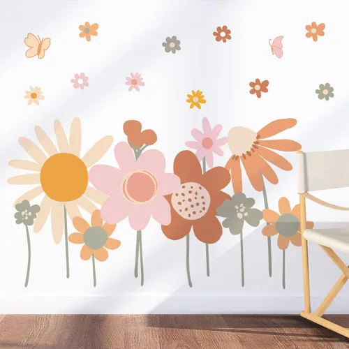 Supzone Adhesivos de Pared de Flores Coloridas - Adhesivos de Arte Floral Boho Retro Vintage para Dormitorio, Sala de Estar, TV, Oficina - Gran Rosa