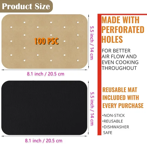 Miniatura 2 de WMKGG Papel pergamino rectangular para freidora de aire, 100 forros desechables perforados para freidora de aire con 2 alfombrillas de parrilla