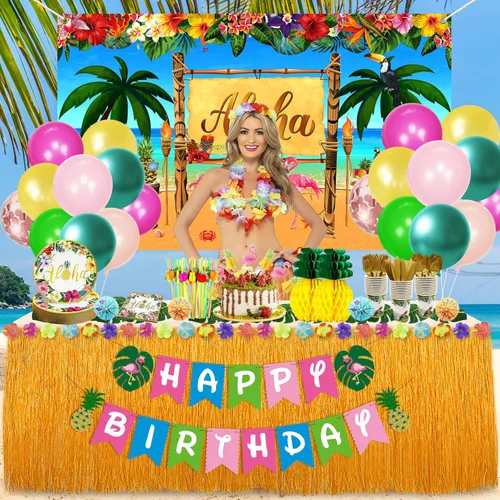 Miniatura 7 de Luau - Decoraciones para fiesta de cumpleaños, 321 piezas, suministros de fiesta hawaiana tropical Aloha para verano, playa, vacaciones, juego