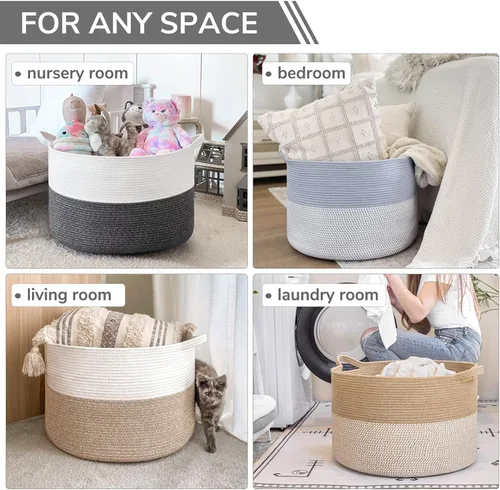 Miniatura 5 de INDRESSME Cesta de cuerda de algodón XXXL de 21.7 x 21.7 x 13.8 pulgadas, cestas tejidas para ropa sucia para bebé, canasta de manta, cestas
