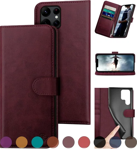 Miniatura 10 de DuckSky Funda tipo cartera de cuero genuino para Samsung Galaxy S22 Ultra 【Bloqueo RFID】【4 tarjeteros de crédito】【Cuero auténtico】 Funda protectora