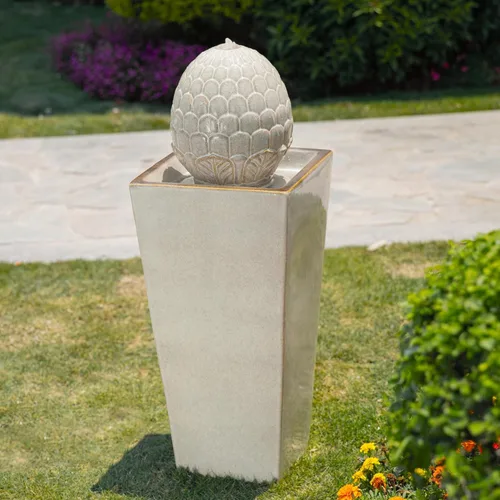 Glitzhome Fuente de agua de cerámica para exteriores con luz LED, fuentes de agua con pedestal de alcachofa extragrande con bomba sumergible, fuente