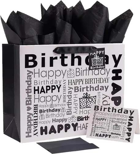 JWSCYSY 1 bolsa de regalo grande blanca y negra con papel de seda, bolsa de regalo de feliz cumpleaños para hombres y mujeres, 12.6 x 10.25 x 4.7