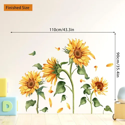 Miniatura 7 de Calcomanía de pared vintage de girasol, diseño floral de jardín, flores amarillas con hojas verdes, calcomanías de pared para despegar y pegar