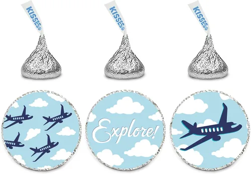 Andaz Press Trío de etiquetas de chocolate para cumpleaños, se adapta a recuerdos de fiesta de besos, aviones y nubes, paquete de 216, ¡explora!