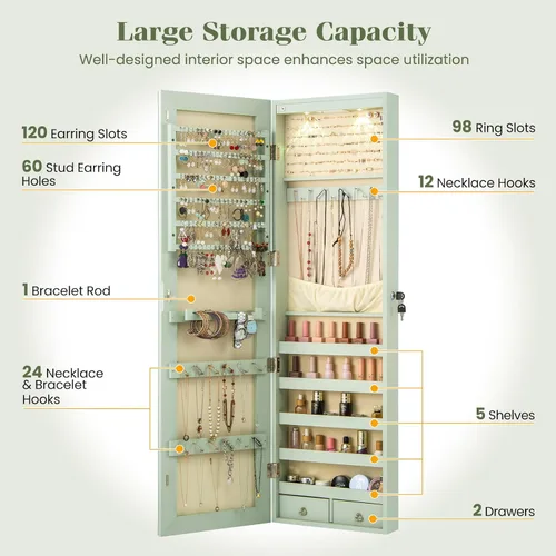 Miniatura 57 de Giantex Armario de joyería para puerta de pared con espejo de longitud completa, 2 LED con cerradura grande organizador de joyas con espejo ancho
