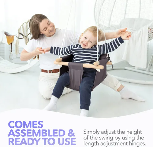 Miniatura 8 de CaTeam Asiento de columpio de lona para bebé con cinturón de seguridad de 5 puntos, columpio colgante de madera para niños pequeños, interior y Gris