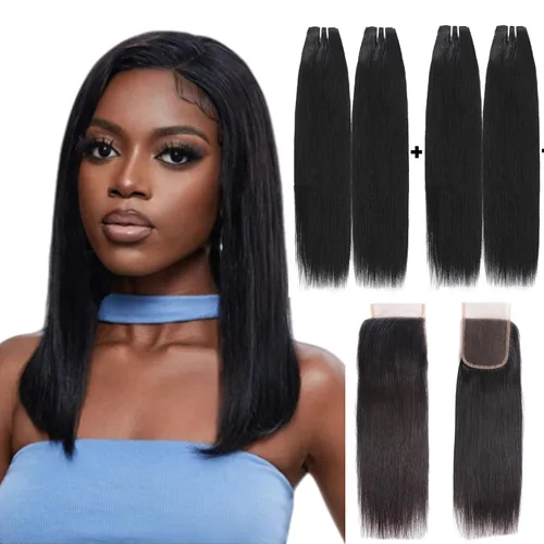 Miniatura 20 de Paquetes de cabello humano corto de 8 pulgadas 10A, pelo brasileño lacio virgen 100% cabello humano liso sin procesar, 4 paquetes 50g/Und