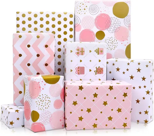 Miniatura 10 de Papel de regalo para niñas y mujeres, 12 hojas de papel de regalo floral de cumpleaños, papel de regalo plegado colorido rosa y verde para Floral 12