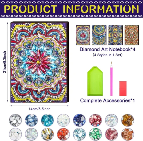 Miniatura 2 de Ctosree Juego de 4 cuadernos de arte de diamantes para adultos, adolescentes, mandala, pintura de diamante, diarios forrados, 5D, puntos de gema 5D