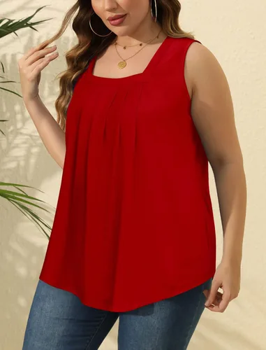 Miniatura 114 de Saloogoe - Camisetas sin mangas veraniegas para mujeres, plisadas con cuello cuadrado y dobladillo curvado, blusas de ajuste holgado con movimiento