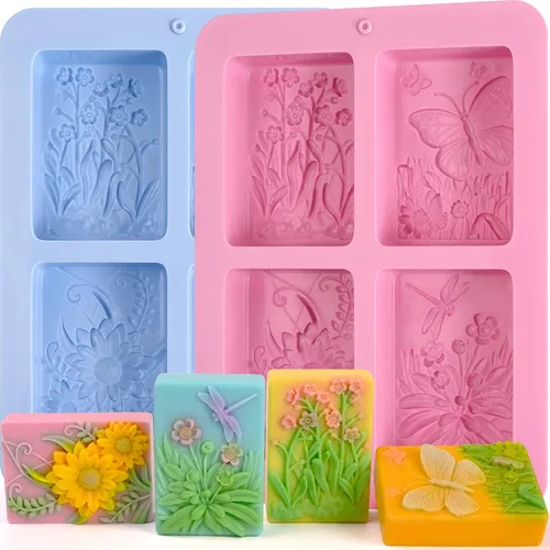 Moldes de Jabón de Silicona, Moldes de Insecto Floral Rectangulares 3D de Silicona para Jabón Artesanal, Bombas de Baño, Barras de Chocolate, Vela