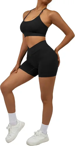 Miniatura 4 de OMKAGI Conjuntos de entrenamiento para mujer, sin costuras, brasier deportivo, levantamiento de glúteos, pantalones cortos de entrenamiento