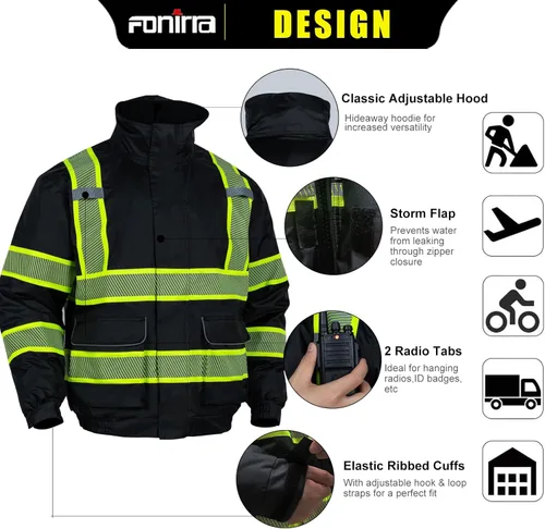 Miniatura 2 de FONIRRA Chaquetas de seguridad de alta visibilidad con forro polar, chaqueta impermeable reflectante ANSI Clase 3 para hombre Negro