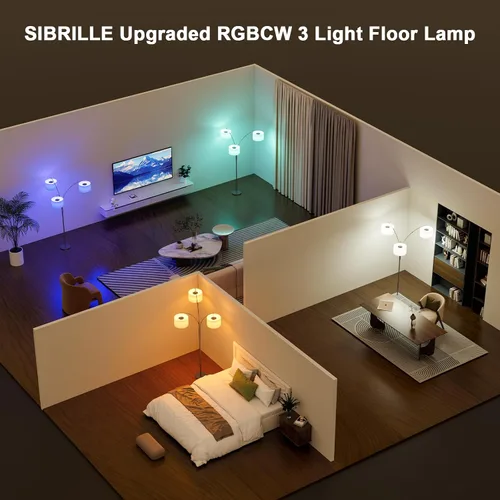Miniatura 4 de SIBRILLE Lámpara de pie de arco RGB de 36 W con 3 pantallas de tela blanca, lámpara de pie súper brillante de 3000 lm con control remoto y táctil