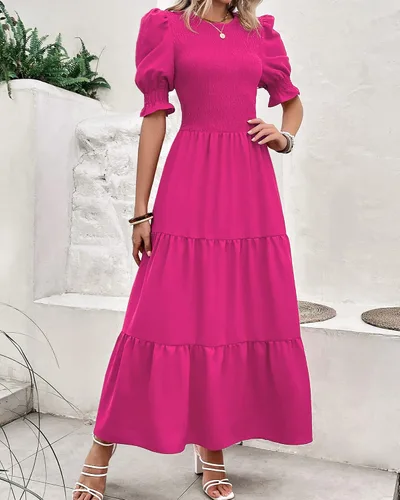 Miniatura 148 de BTFBM Vestidos para mujer, cuello redondo, casual, de verano, con volantes, manga corta, bohemio, con niveles, fruncido, largo, con estampado floral