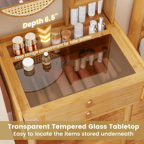 Miniatura 6 de Escritorio de tocador bohemio con espejo, mesa de tocador de maquillaje de bambú con 2 cajones de almacenamiento, estantes de gabinete y mesa
