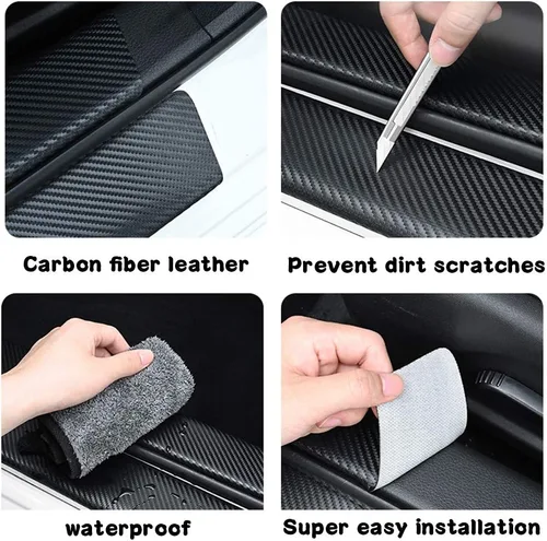 Miniatura 7 de BOYUER 4 piezas de cuero de fibra de carbono para decoración del umbral de la puerta del auto, placa protectora de protección contra rozaduras, Azul