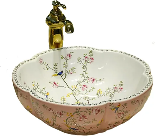 Miniatura 10 de Fregaderos de baño estilo sureste asiático en color rosa, fregadero de cerámica artística para encimera de tocador, sobre encimera plateado