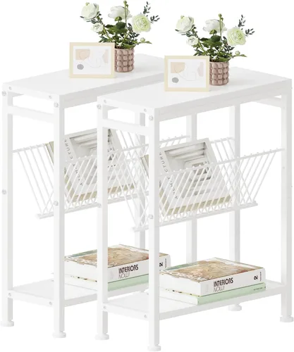 Miniatura 11 de Mesa auxiliar para espacios pequeños, mesa auxiliar estrecha con soporte para revistas, mesa auxiliar delgada de diseño 2 en 1, mesita de noche
