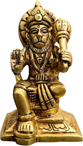 Ídolo de Lord Hanuman de latón para templo del hogar de 3.25 pulgadas, postura sentada con Gada, murti religioso hecho a mano para habitación Pooja,