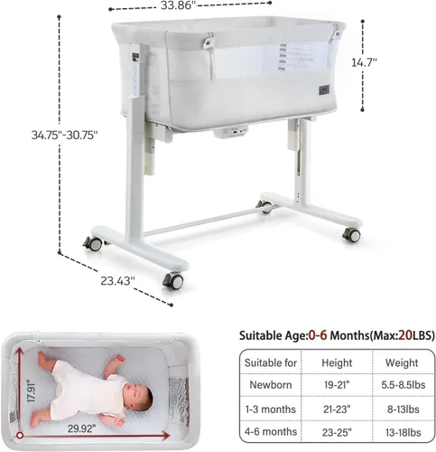 Miniatura 5 de VaVaSoo Moisés Mecedor para Bebé, Moisés Eléctrico Automático de Cabecera, Cuna de Cabecera para Bebé con 5 Alturas Ajustables para Infantes de 0-6