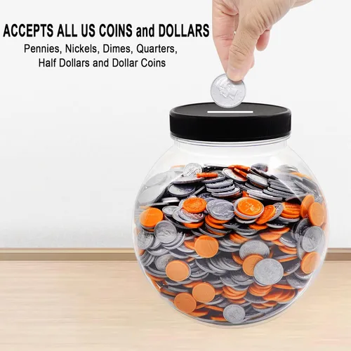 Miniatura 3 de Tarro grande para monedas, gran plástico transparente para monedas, cambio de dinero con tapa ranurada plateada, 2 métodos de colocación, monedas