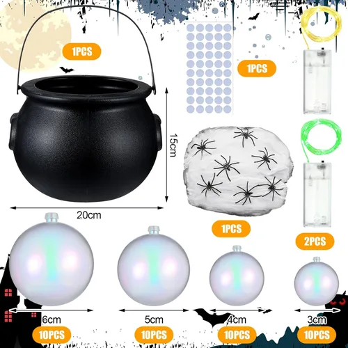 Miniatura 2 de Jenaai Juego de 96 calderos burbujeantes de Halloween con 40 adornos de bola, 2 tiras de luces de 0.71 oz, 2 arañas falsas, 50 puntos adhesivos